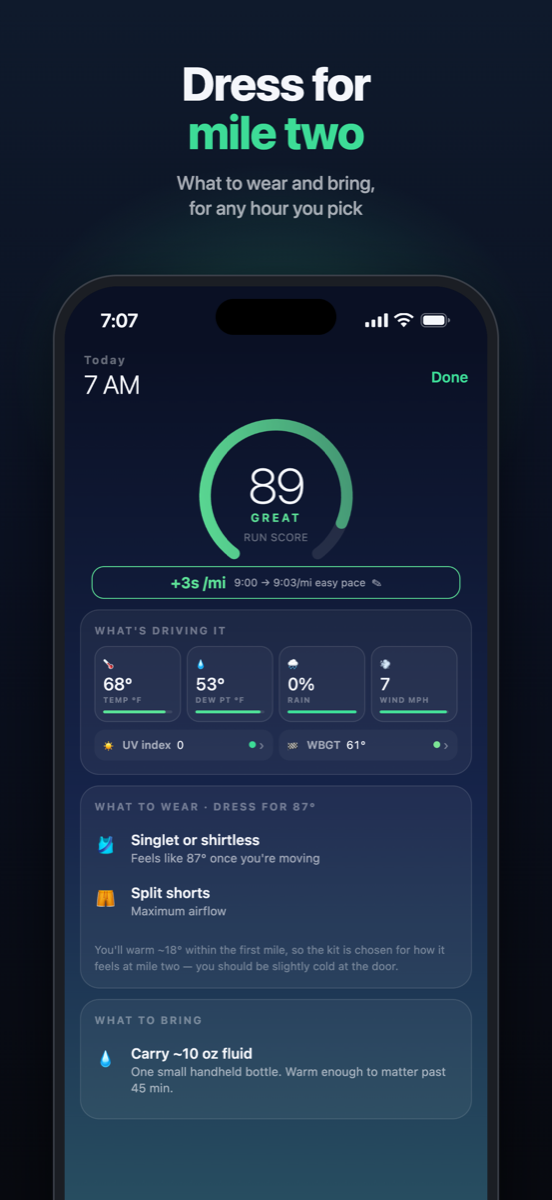 An hour's detail screen with the score breakdown and what to wear